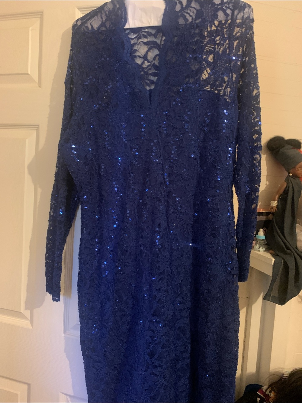 Blu Sage Navy Blue Lace Sequin Long-Sleeve Dress